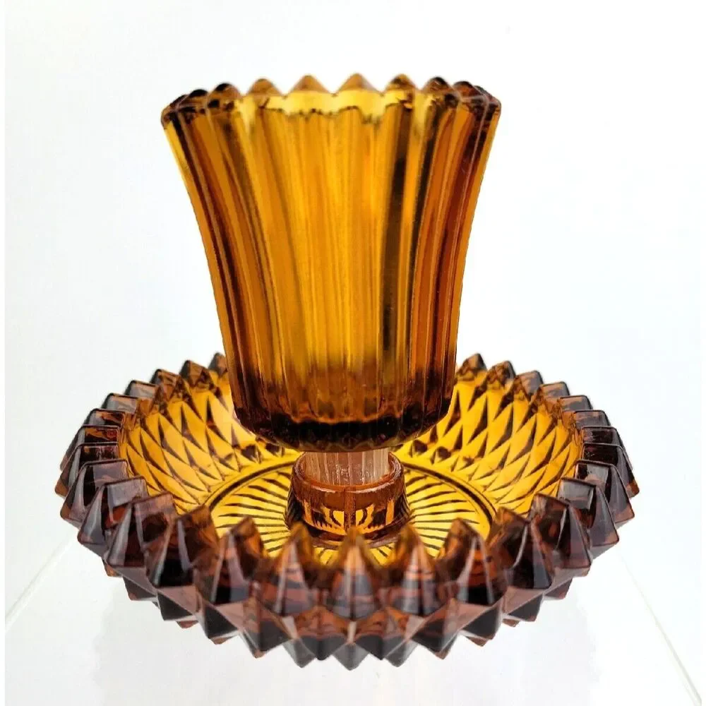 Vintage Indiana Glass Amber Diamond Saw Tooth 2 in 1 Votive Taper Candle Holder